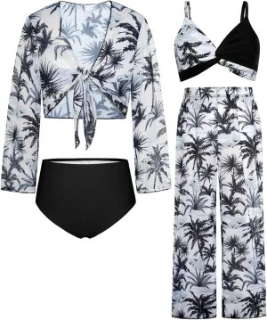 GRACE KARIN Teen Girls Bathing Suits Kids 4 Piece Long Sleeve Swimsuit Kimono Up Pants Bikini Tankini Set Swimwear