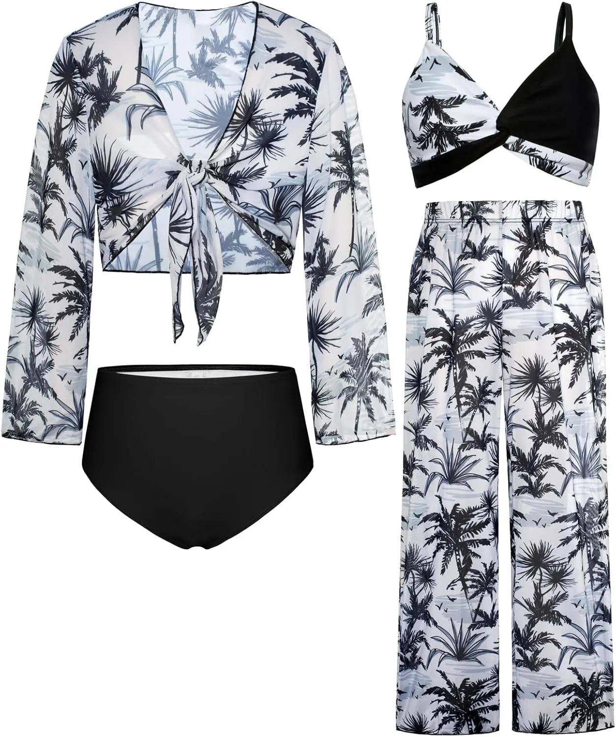 GRACE KARIN Teen Girls Bathing Suits Kids 4 Piece Long Sleeve Swimsuit Kimono Up Pants Bikini Tankini Set Swimwear
