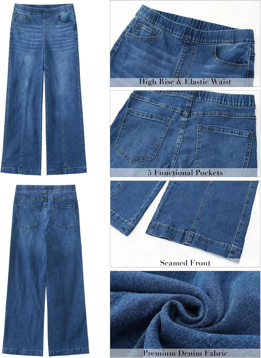 GRAPENT Pull On Womens Jeans Baggy Stretchy High Waisted Denim Wide Leg Trouser Pants Trendy Front Seam 90s Loose Jean