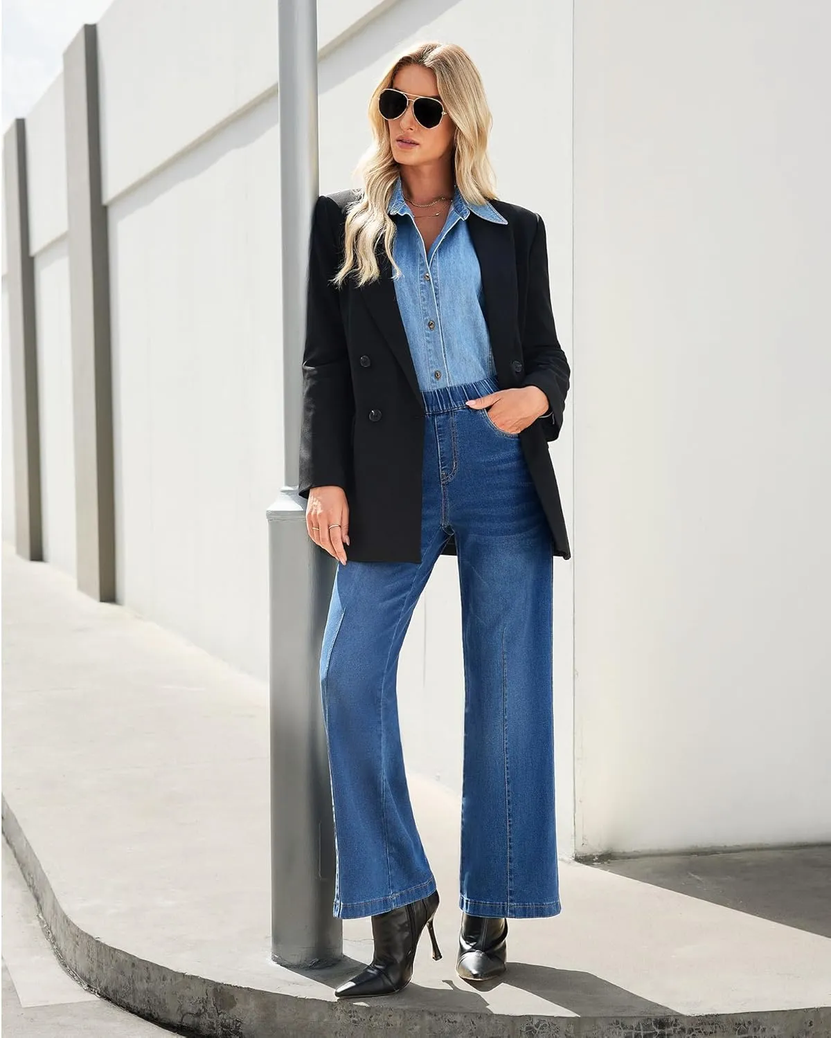GRAPENT Pull On Womens Jeans Baggy Stretchy High Waisted Denim Wide Leg Trouser Pants Trendy Front Seam 90s Loose Jean