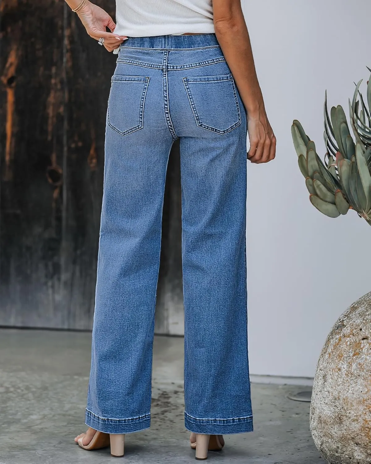 GRAPENT Pull On Womens Jeans Baggy Stretchy High Waisted Denim Wide Leg Trouser Pants Trendy Front Seam 90s Loose Jean