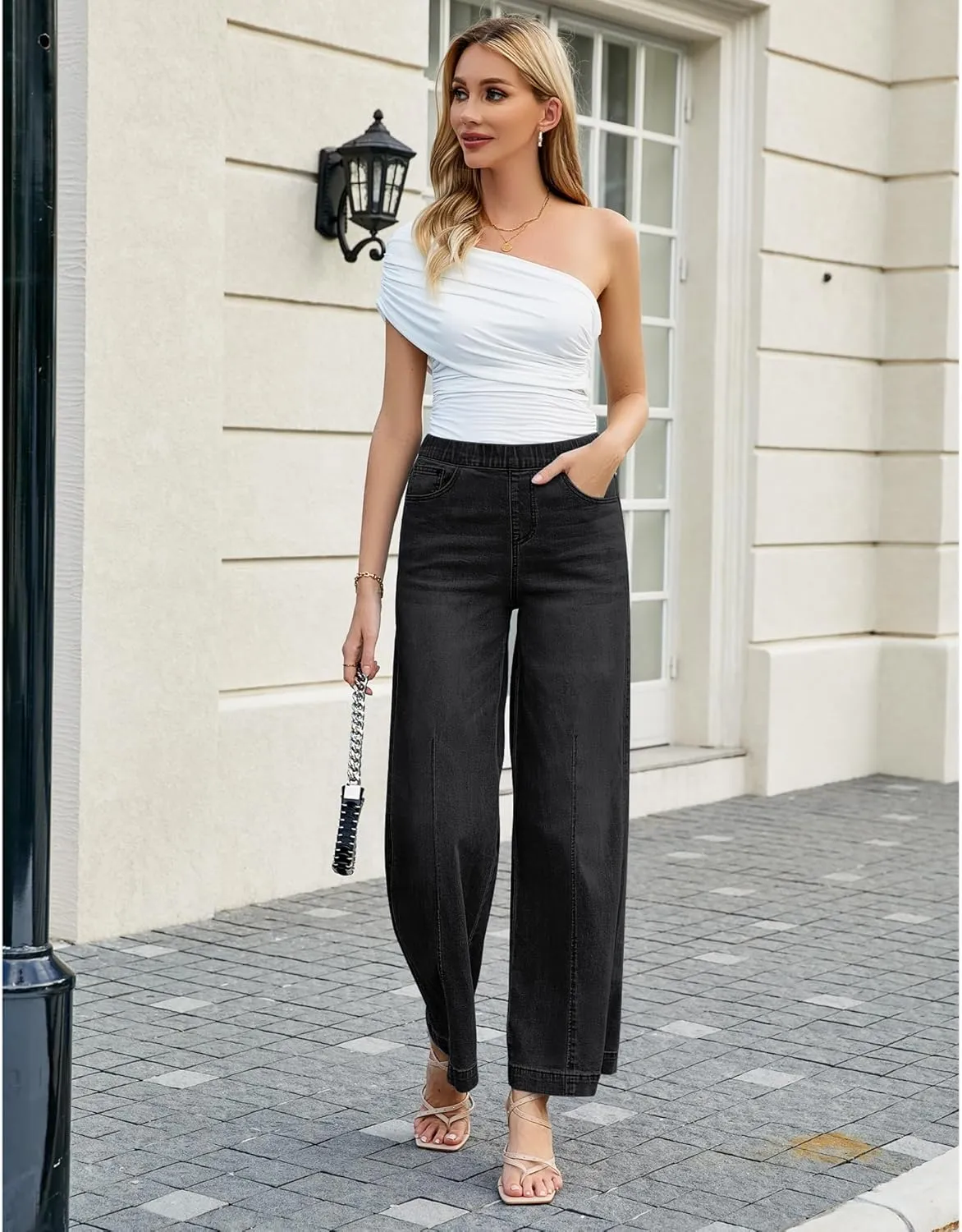 GRAPENT Pull On Womens Jeans Baggy Stretchy High Waisted Denim Wide Leg Trouser Pants Trendy Front Seam 90s Loose Jean