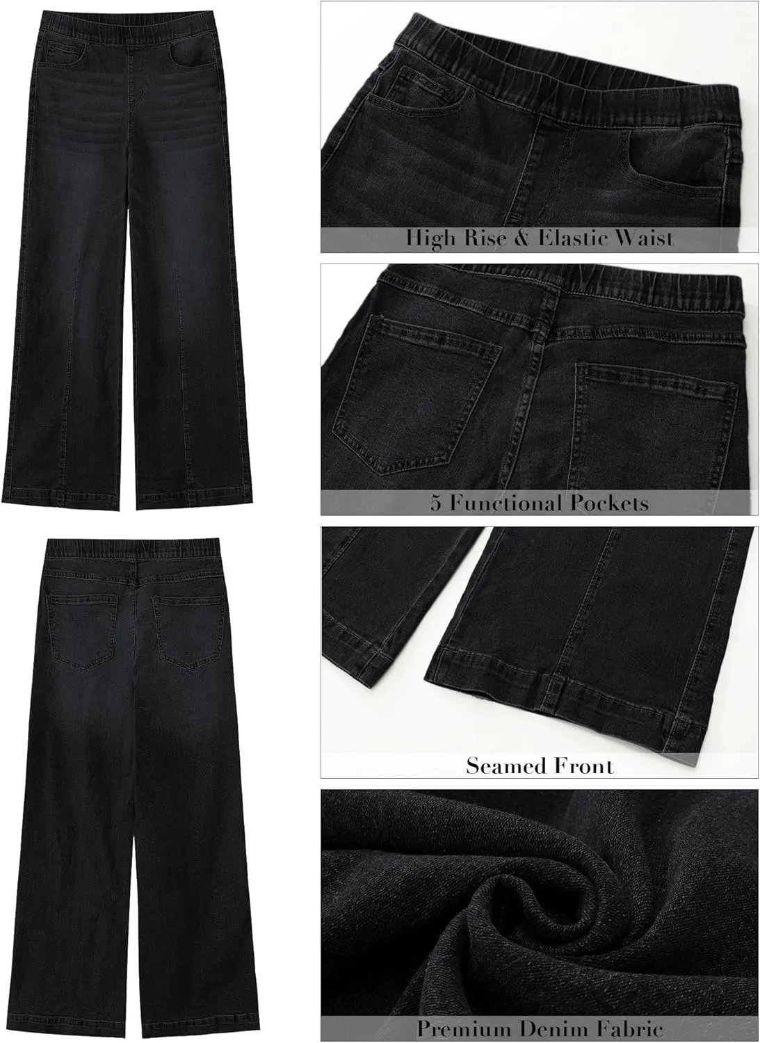 GRAPENT Pull On Womens Jeans Baggy Stretchy High Waisted Denim Wide Leg Trouser Pants Trendy Front Seam 90s Loose Jean