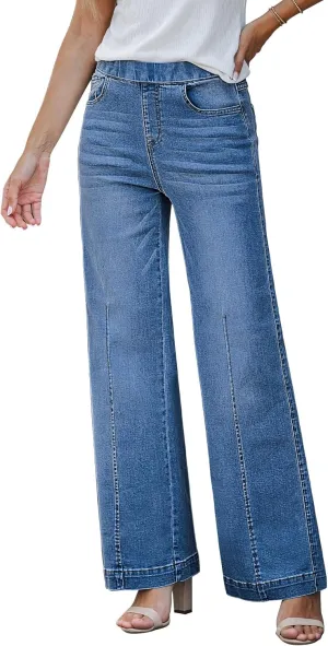 GRAPENT Pull On Womens Jeans Baggy Stretchy High Waisted Denim Wide Leg Trouser Pants Trendy Front Seam 90s Loose Jean