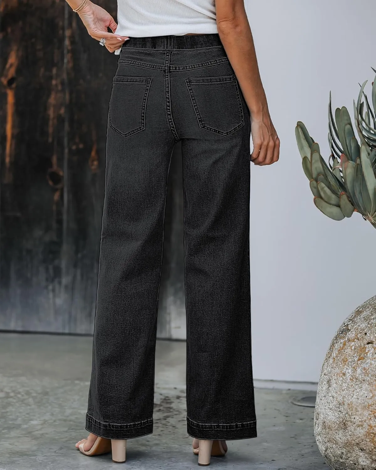 GRAPENT Pull On Womens Jeans Baggy Stretchy High Waisted Denim Wide Leg Trouser Pants Trendy Front Seam 90s Loose Jean