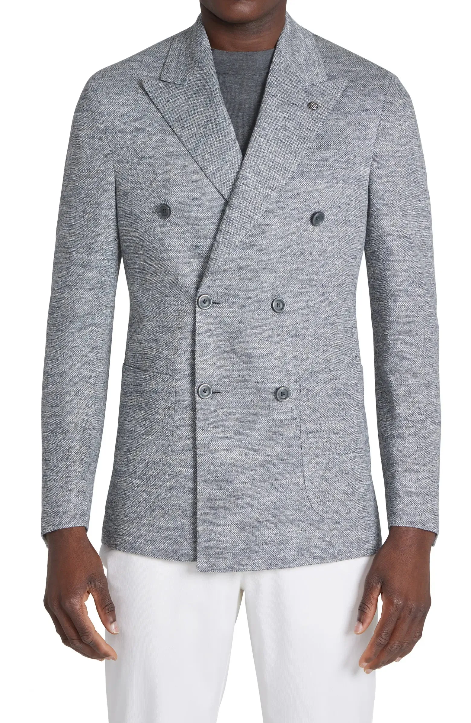 Gray Mouliné Double Breasted Knit Linen Hall Contemporary Fit Blazer - Jack Victor