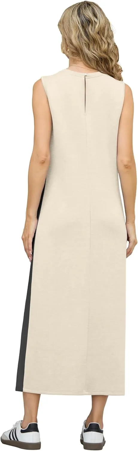 GRECERELLE 2025 Women Summer Color Blocking Round Neck Sleeveless Casual Wrinkle-Free Side Split Maxi Dress with Pockets
