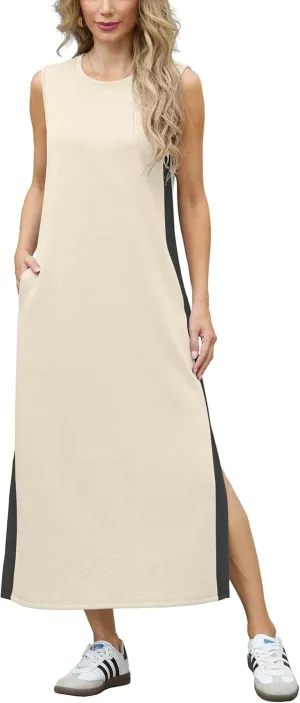 GRECERELLE 2025 Women Summer Color Blocking Round Neck Sleeveless Casual Wrinkle-Free Side Split Maxi Dress with Pockets
