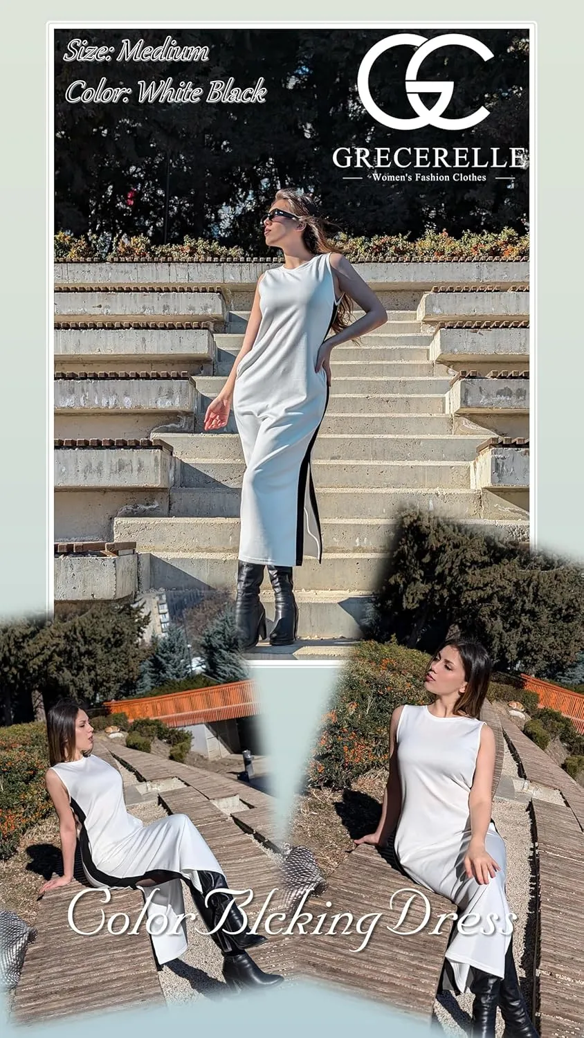 GRECERELLE 2025 Women Summer Color Blocking Round Neck Sleeveless Casual Wrinkle-Free Side Split Maxi Dress with Pockets