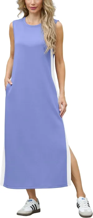 GRECERELLE 2025 Women Summer Color Blocking Round Neck Sleeveless Casual Wrinkle-Free Side Split Maxi Dress with Pockets