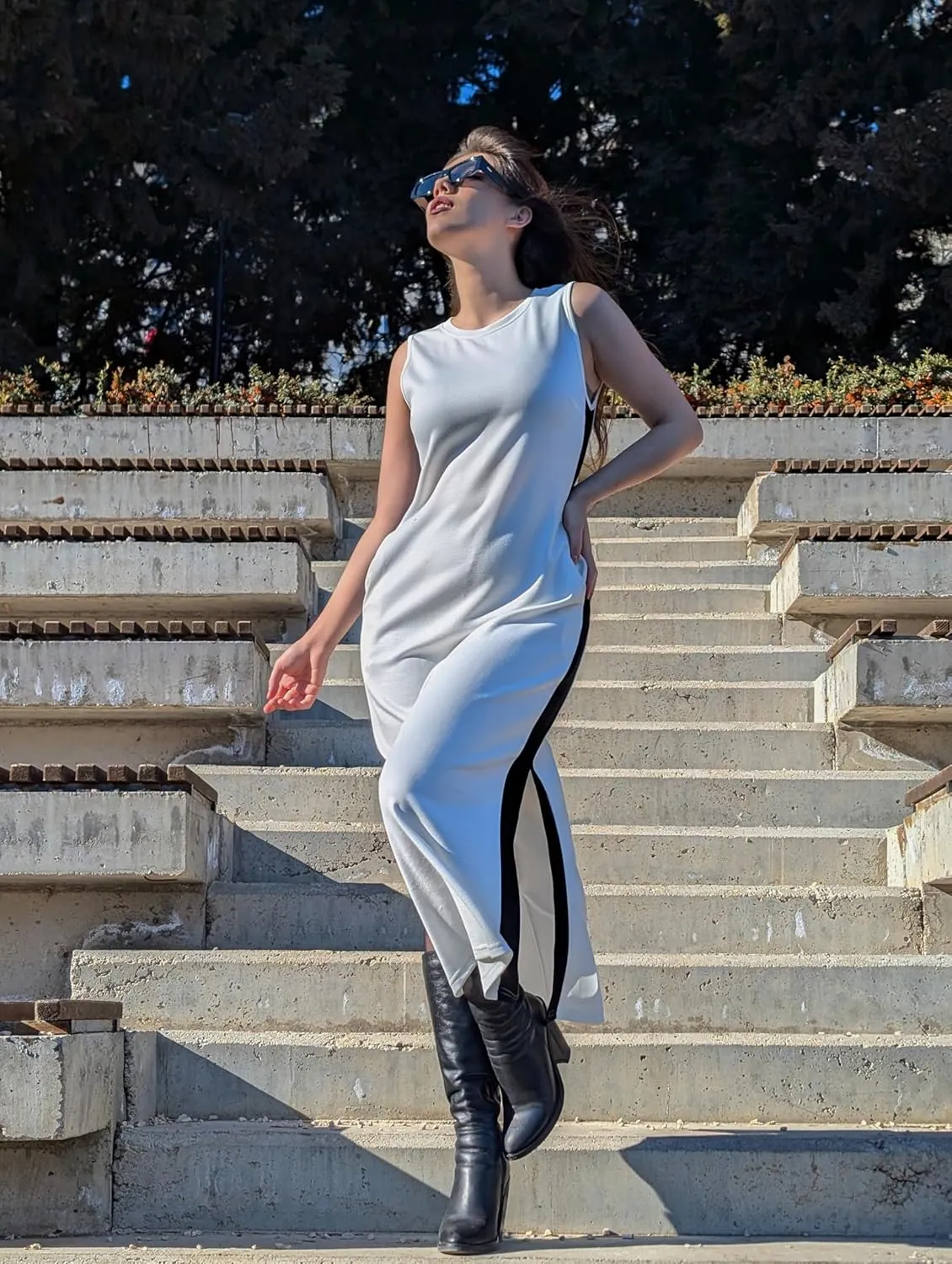 GRECERELLE 2025 Women Summer Color Blocking Round Neck Sleeveless Casual Wrinkle-Free Side Split Maxi Dress with Pockets