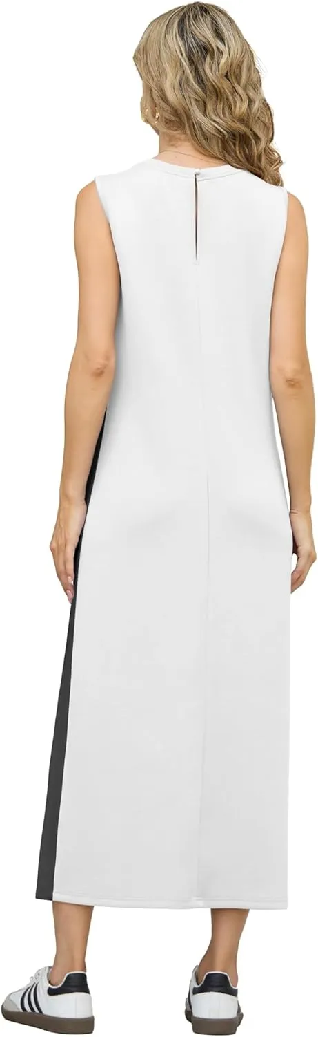 GRECERELLE 2025 Women Summer Color Blocking Round Neck Sleeveless Casual Wrinkle-Free Side Split Maxi Dress with Pockets