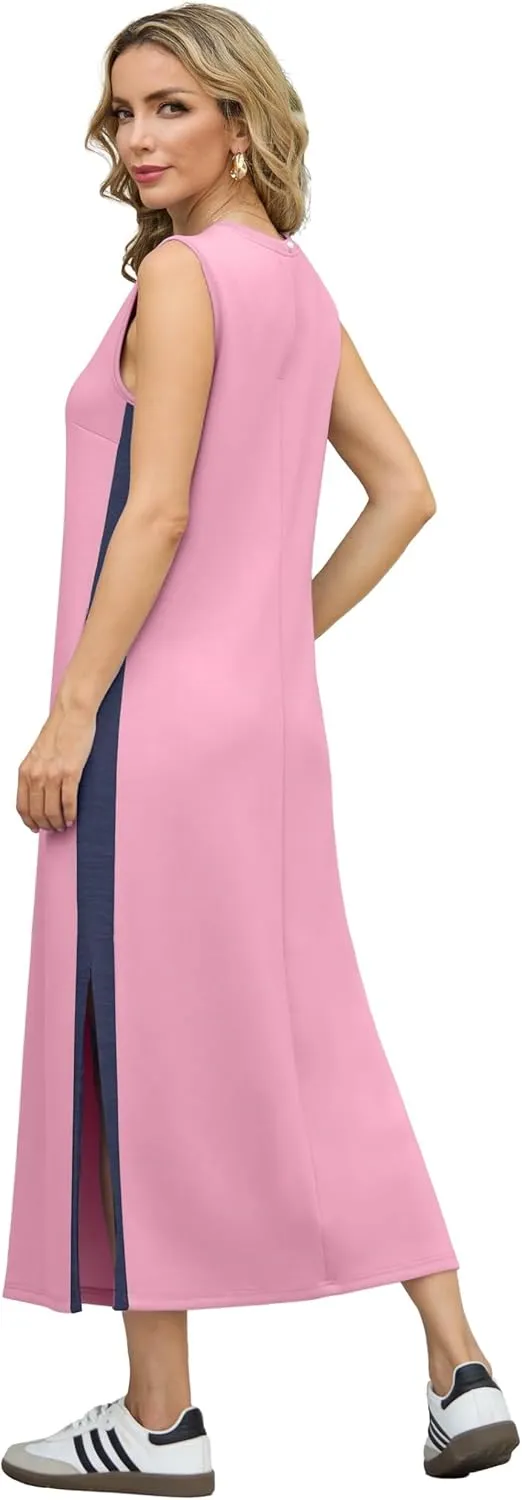GRECERELLE 2025 Women Summer Color Blocking Round Neck Sleeveless Casual Wrinkle-Free Side Split Maxi Dress with Pockets