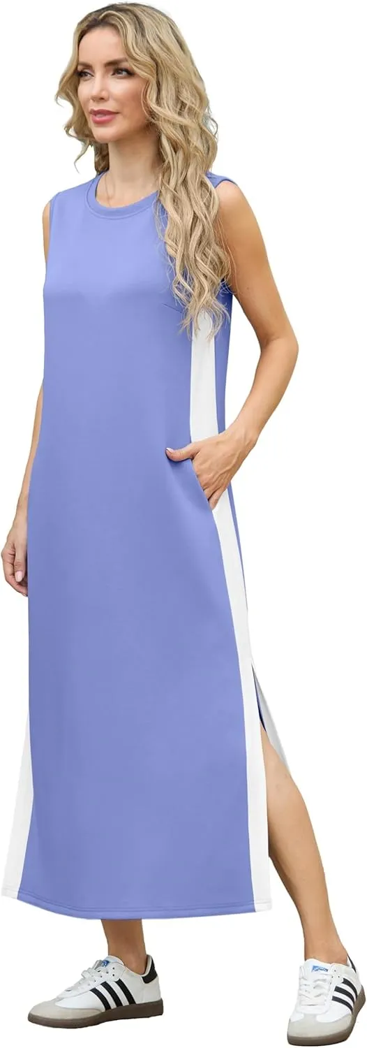 GRECERELLE 2025 Women Summer Color Blocking Round Neck Sleeveless Casual Wrinkle-Free Side Split Maxi Dress with Pockets