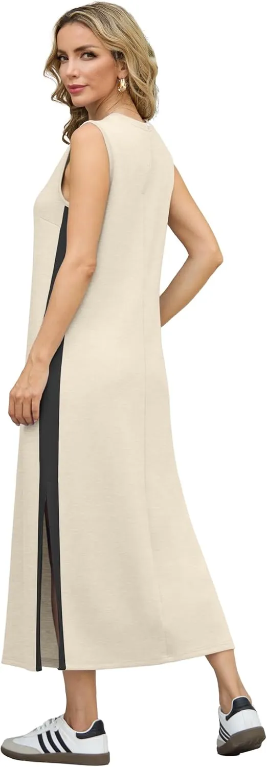 GRECERELLE 2025 Women Summer Color Blocking Round Neck Sleeveless Casual Wrinkle-Free Side Split Maxi Dress with Pockets