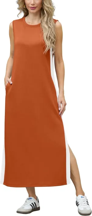 GRECERELLE 2025 Women Summer Color Blocking Round Neck Sleeveless Casual Wrinkle-Free Side Split Maxi Dress with Pockets