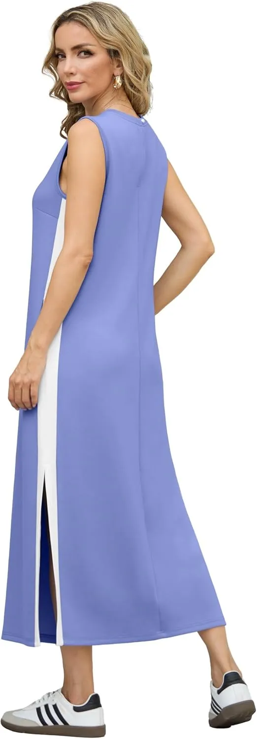 GRECERELLE 2025 Women Summer Color Blocking Round Neck Sleeveless Casual Wrinkle-Free Side Split Maxi Dress with Pockets