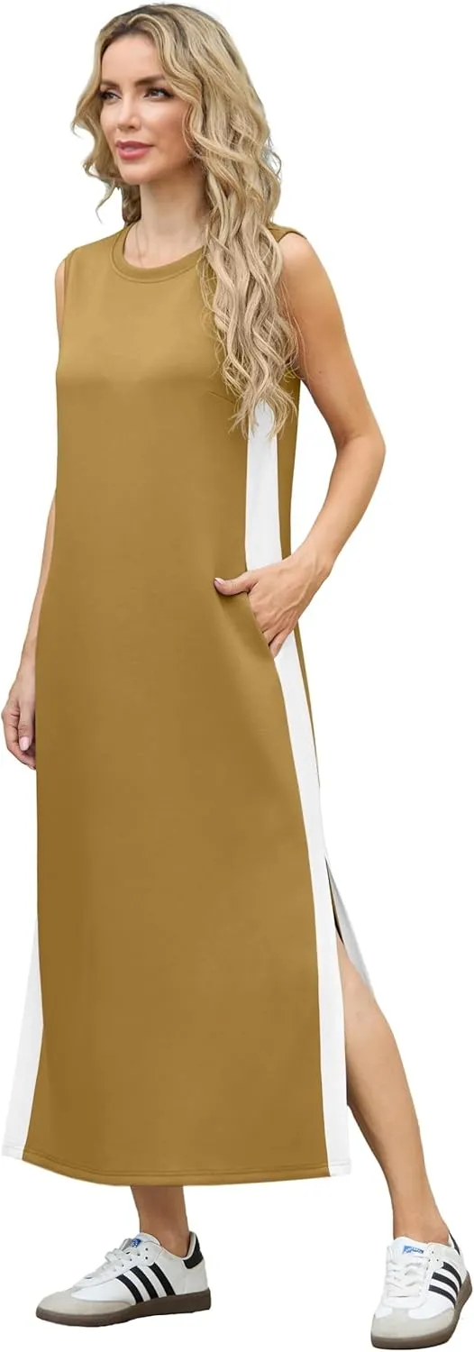 GRECERELLE 2025 Women Summer Color Blocking Round Neck Sleeveless Casual Wrinkle-Free Side Split Maxi Dress with Pockets