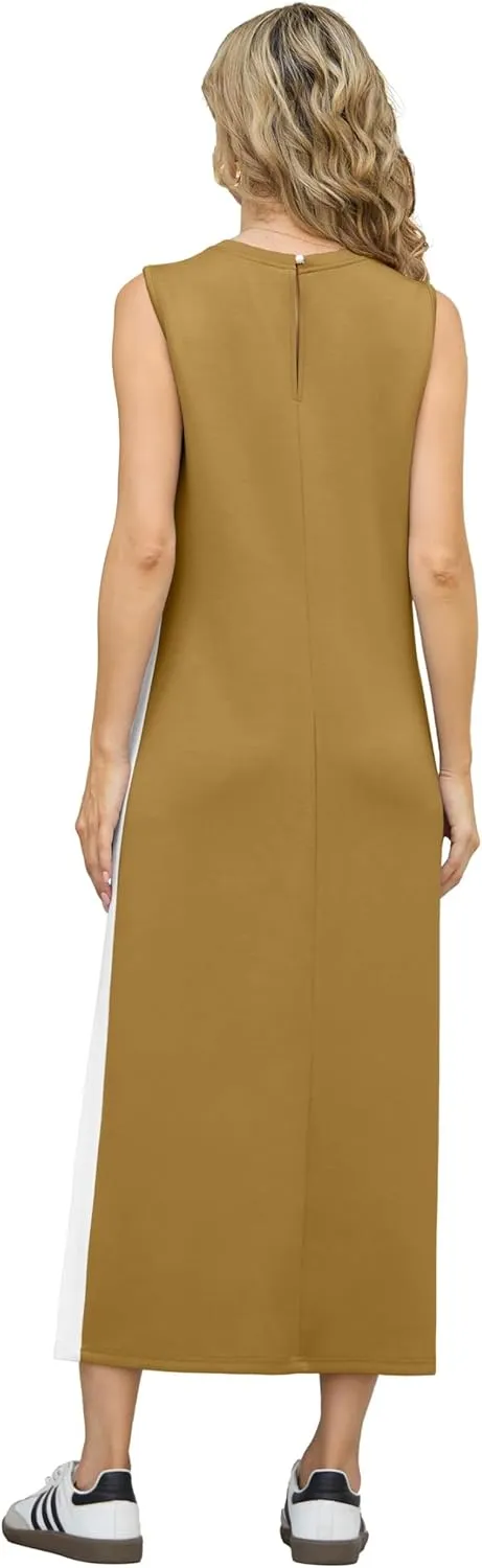 GRECERELLE 2025 Women Summer Color Blocking Round Neck Sleeveless Casual Wrinkle-Free Side Split Maxi Dress with Pockets