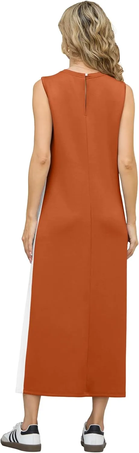 GRECERELLE 2025 Women Summer Color Blocking Round Neck Sleeveless Casual Wrinkle-Free Side Split Maxi Dress with Pockets