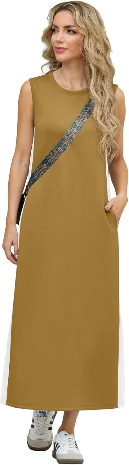 GRECERELLE 2025 Women Summer Color Blocking Round Neck Sleeveless Casual Wrinkle-Free Side Split Maxi Dress with Pockets