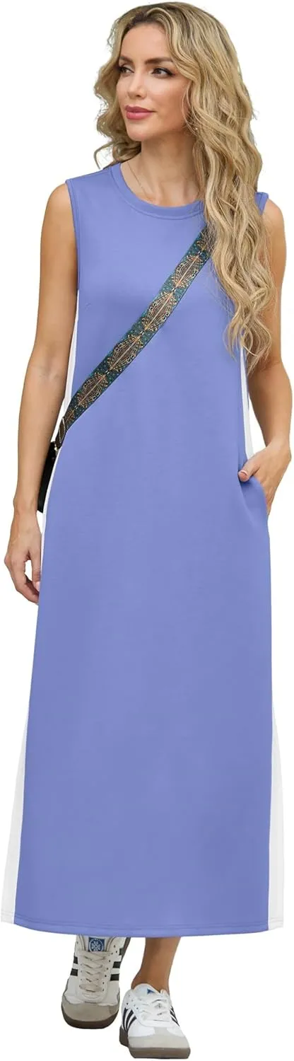 GRECERELLE 2025 Women Summer Color Blocking Round Neck Sleeveless Casual Wrinkle-Free Side Split Maxi Dress with Pockets