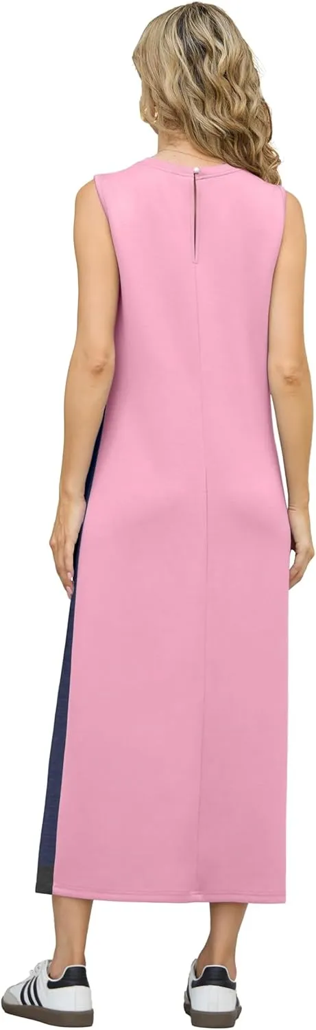 GRECERELLE 2025 Women Summer Color Blocking Round Neck Sleeveless Casual Wrinkle-Free Side Split Maxi Dress with Pockets