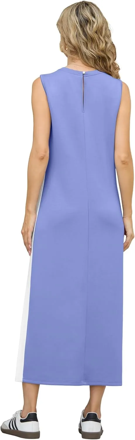 GRECERELLE 2025 Women Summer Color Blocking Round Neck Sleeveless Casual Wrinkle-Free Side Split Maxi Dress with Pockets