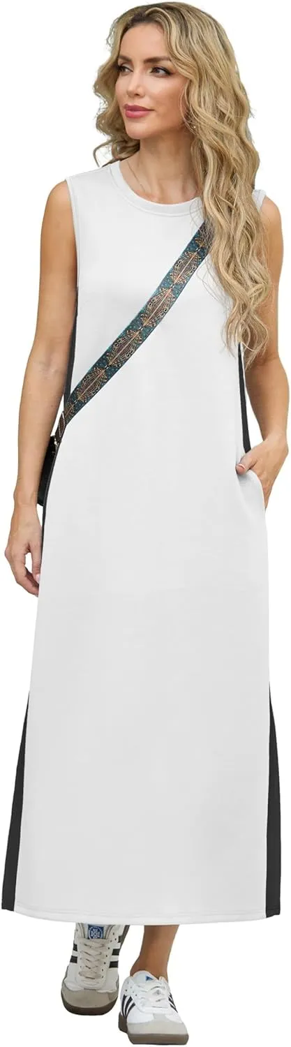 GRECERELLE 2025 Women Summer Color Blocking Round Neck Sleeveless Casual Wrinkle-Free Side Split Maxi Dress with Pockets