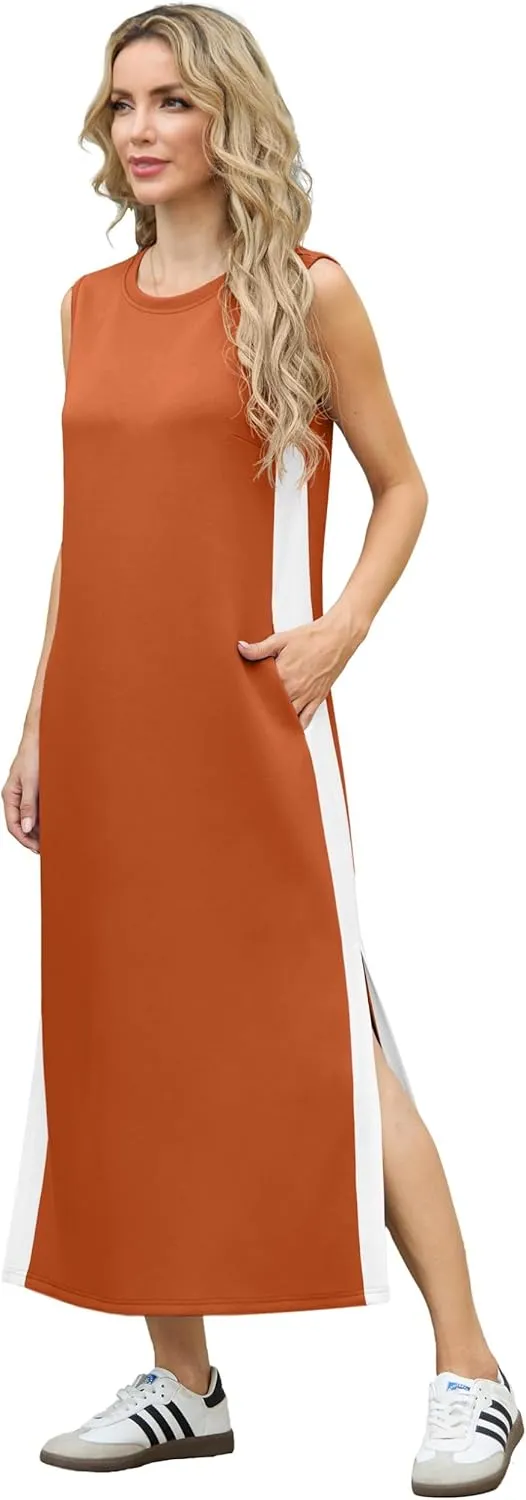GRECERELLE 2025 Women Summer Color Blocking Round Neck Sleeveless Casual Wrinkle-Free Side Split Maxi Dress with Pockets