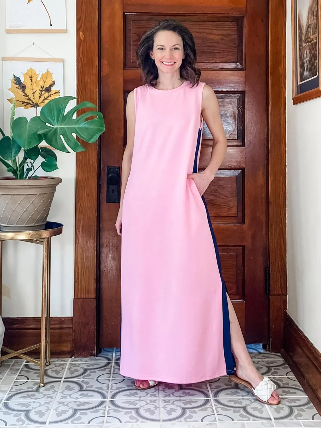 GRECERELLE 2025 Women Summer Color Blocking Round Neck Sleeveless Casual Wrinkle-Free Side Split Maxi Dress with Pockets