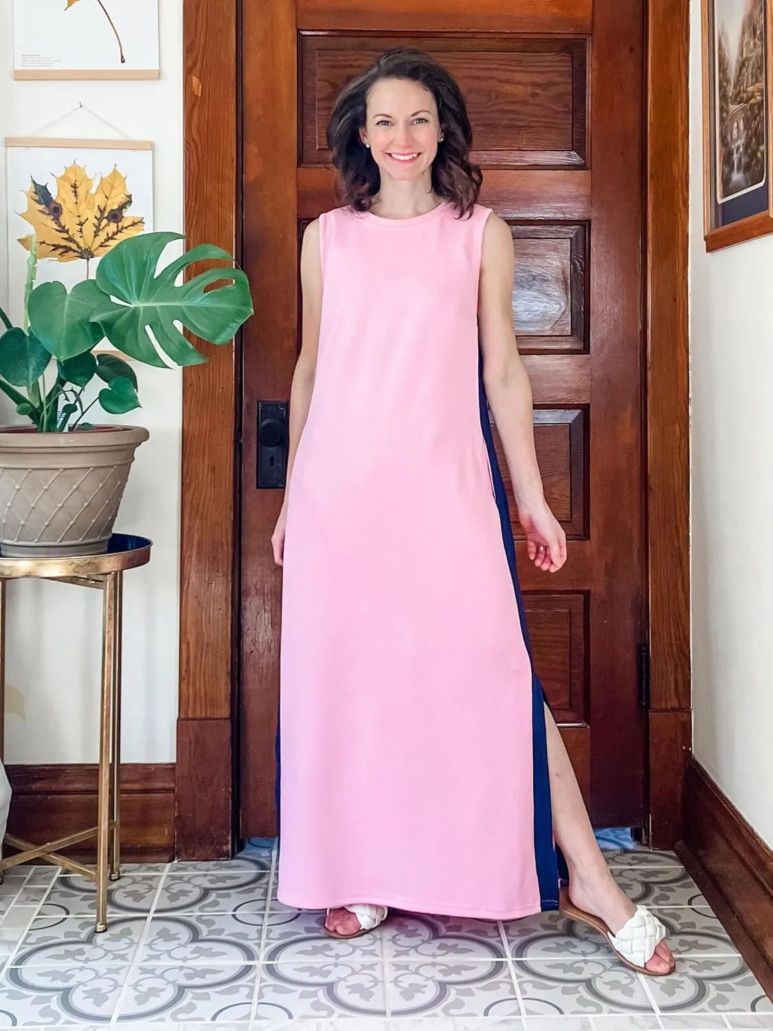 GRECERELLE 2025 Women Summer Color Blocking Round Neck Sleeveless Casual Wrinkle-Free Side Split Maxi Dress with Pockets