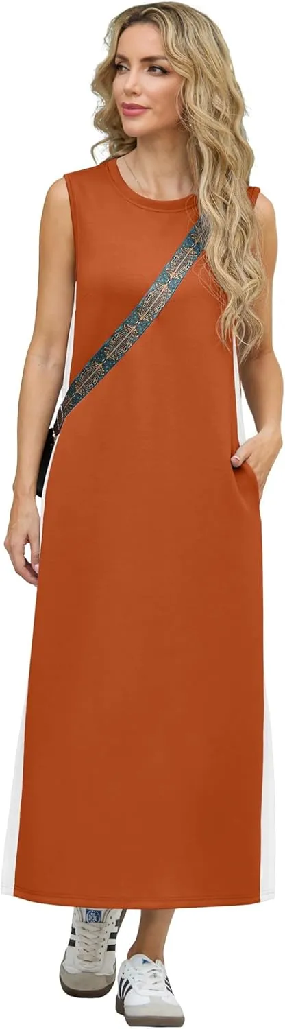 GRECERELLE 2025 Women Summer Color Blocking Round Neck Sleeveless Casual Wrinkle-Free Side Split Maxi Dress with Pockets