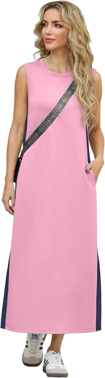 GRECERELLE 2025 Women Summer Color Blocking Round Neck Sleeveless Casual Wrinkle-Free Side Split Maxi Dress with Pockets