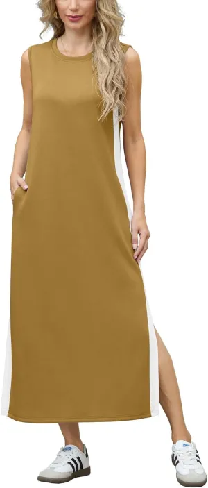 GRECERELLE 2025 Women Summer Color Blocking Round Neck Sleeveless Casual Wrinkle-Free Side Split Maxi Dress with Pockets