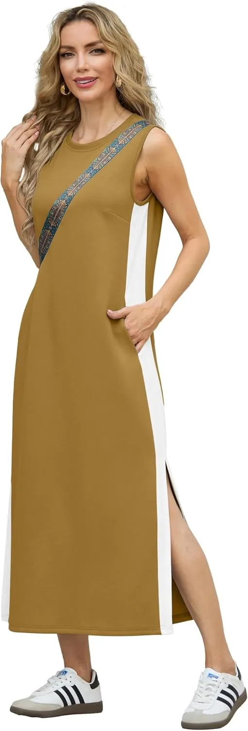 GRECERELLE 2025 Women Summer Color Blocking Round Neck Sleeveless Casual Wrinkle-Free Side Split Maxi Dress with Pockets