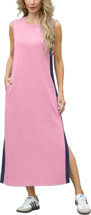 GRECERELLE 2025 Women Summer Color Blocking Round Neck Sleeveless Casual Wrinkle-Free Side Split Maxi Dress with Pockets