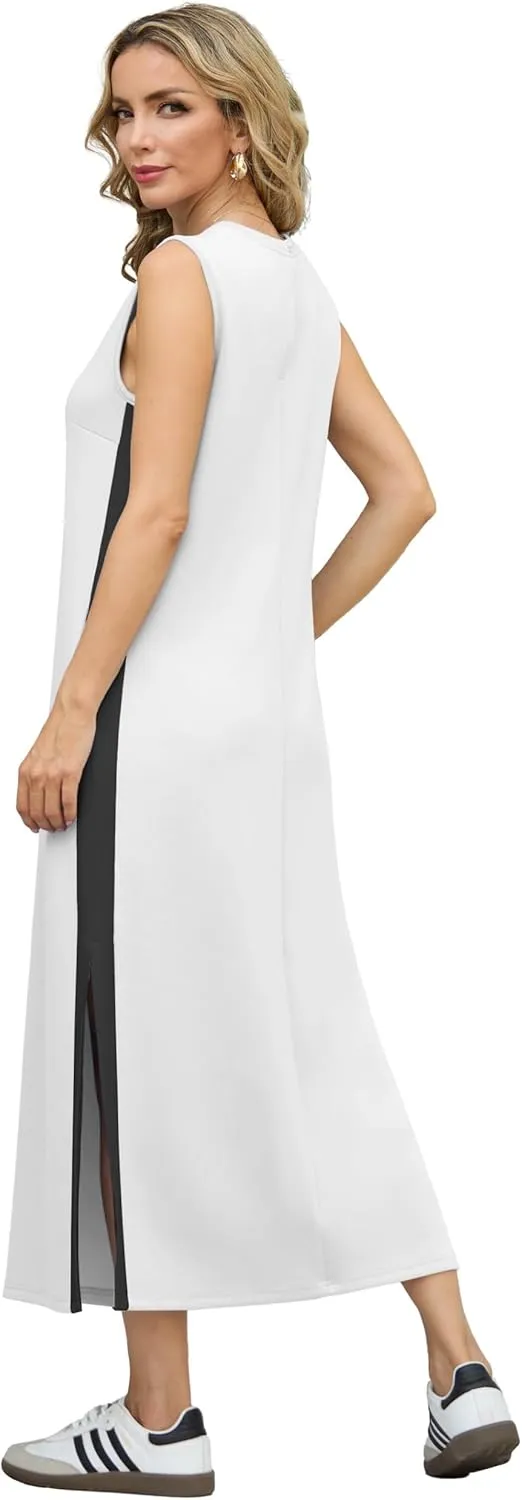 GRECERELLE 2025 Women Summer Color Blocking Round Neck Sleeveless Casual Wrinkle-Free Side Split Maxi Dress with Pockets