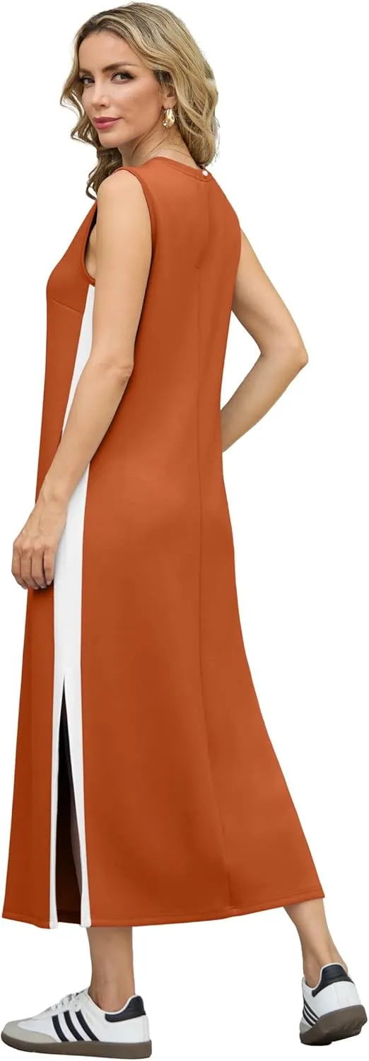 GRECERELLE 2025 Women Summer Color Blocking Round Neck Sleeveless Casual Wrinkle-Free Side Split Maxi Dress with Pockets