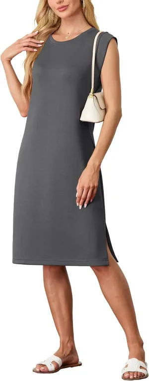 GRECERELLE 2025 Women Summer Round Neck Casual Loose Split Wrinkle-Free Midi Dress with Pockets (XS-3XL)