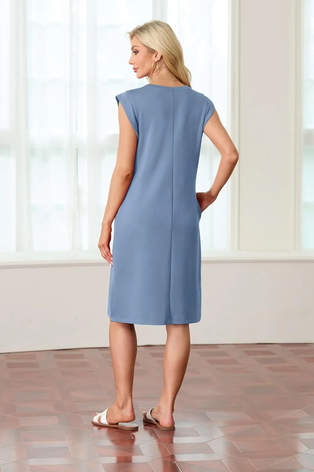 GRECERELLE 2025 Women Summer Round Neck Casual Loose Split Wrinkle-Free Midi Dress with Pockets (XS-3XL)