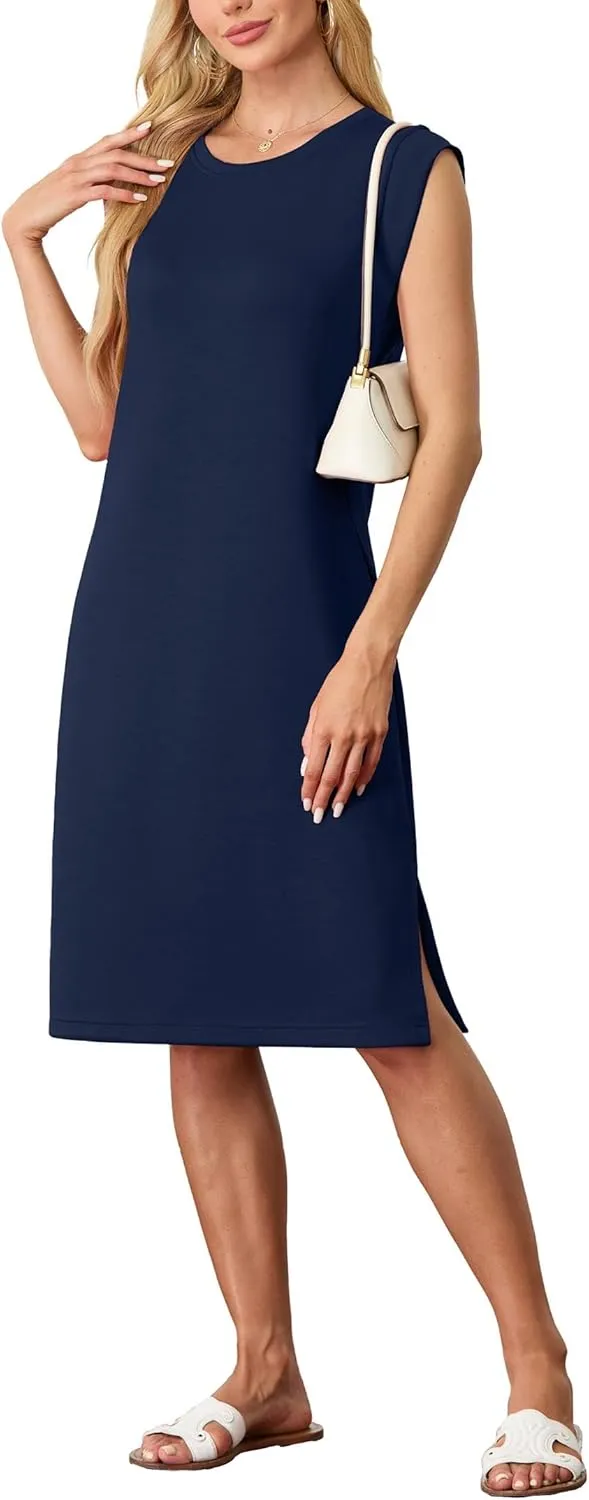 GRECERELLE 2025 Women Summer Round Neck Casual Loose Split Wrinkle-Free Midi Dress with Pockets (XS-3XL)