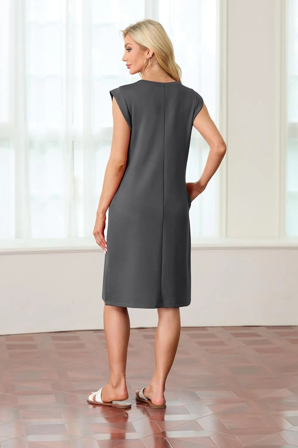 GRECERELLE 2025 Women Summer Round Neck Casual Loose Split Wrinkle-Free Midi Dress with Pockets (XS-3XL)