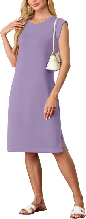 GRECERELLE 2025 Women Summer Round Neck Casual Loose Split Wrinkle-Free Midi Dress with Pockets (XS-3XL)
