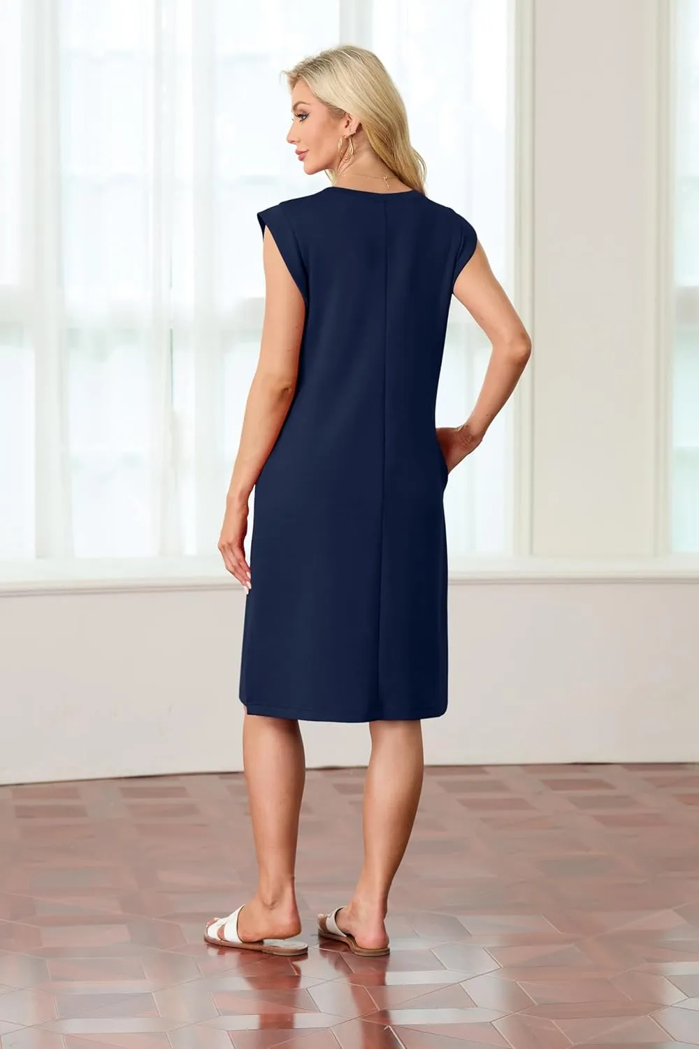 GRECERELLE 2025 Women Summer Round Neck Casual Loose Split Wrinkle-Free Midi Dress with Pockets (XS-3XL)