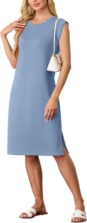 GRECERELLE 2025 Women Summer Round Neck Casual Loose Split Wrinkle-Free Midi Dress with Pockets (XS-3XL)
