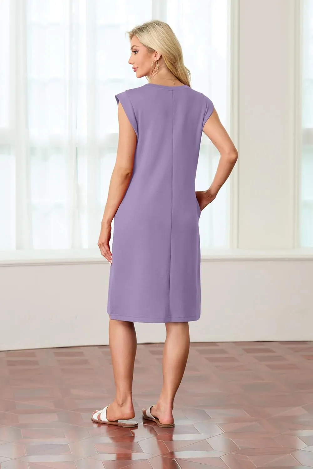 GRECERELLE 2025 Women Summer Round Neck Casual Loose Split Wrinkle-Free Midi Dress with Pockets (XS-3XL)