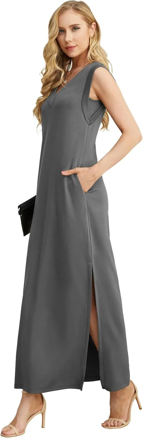 GRECERELLE 2025 Women Summer V-Neck Casual Loose Split Wrinkle-Free Long Maxi Beach Dress with Pockets