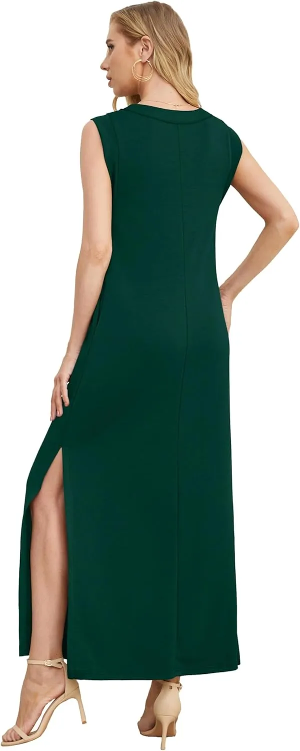 GRECERELLE 2025 Women Summer V-Neck Casual Loose Split Wrinkle-Free Long Maxi Beach Dress with Pockets