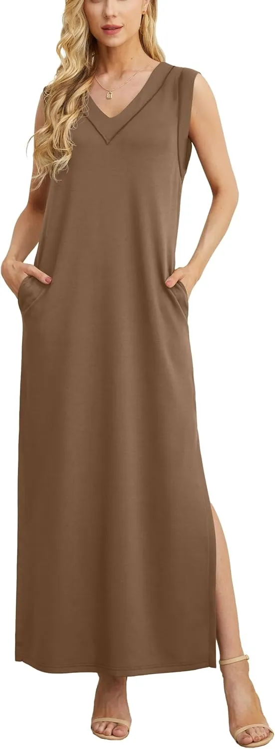 GRECERELLE 2025 Women Summer V-Neck Casual Loose Split Wrinkle-Free Long Maxi Beach Dress with Pockets